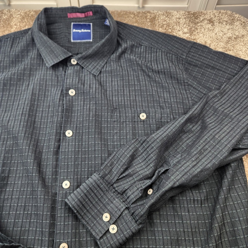 Tommy Bahama Mens 3XL Silk Cotton Gray Textured Grid Long Sleeve Button Shirt